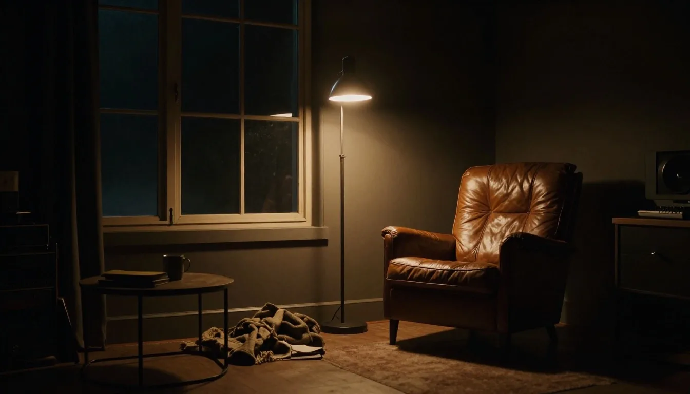 Workspace with a screen casting warm amber light in a dark room